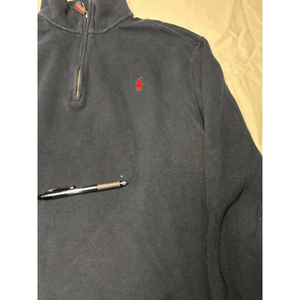 Vtg Polo Ralph‎ Lauren Mens Navy Blue 1/4 Zip Long Sleeve Cotton Sweater Size XL